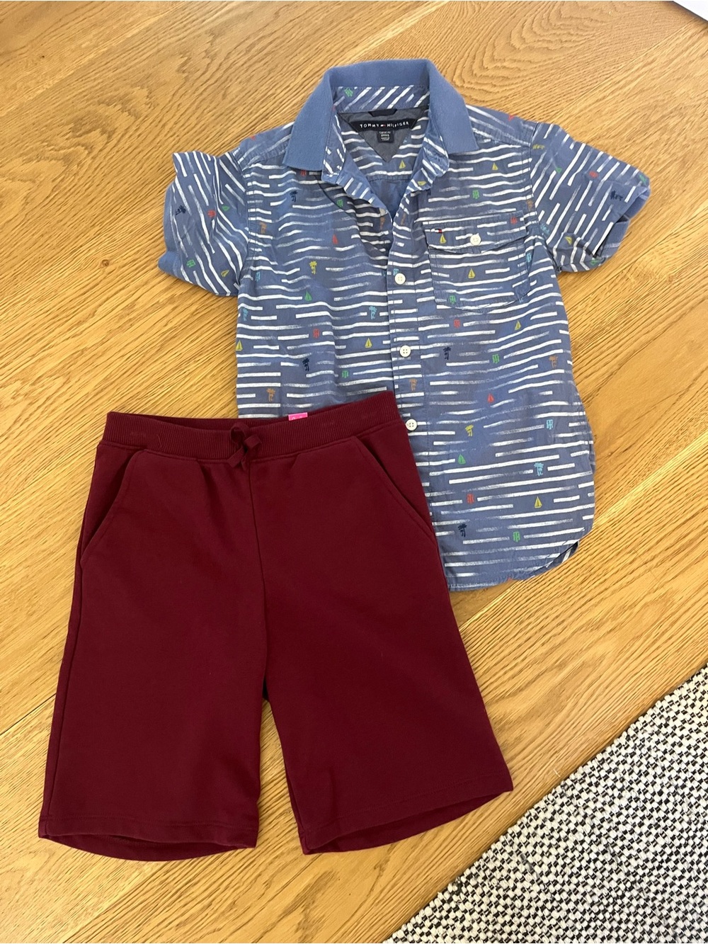 Tommy Hilfiger Blue Striped Polo Shirt & Old Navy NWT Burgundy Shorts Set